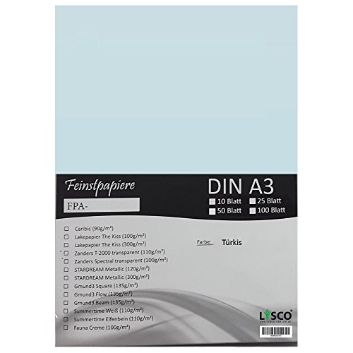 GMUND Transparentpapier DIN A3 Farbe Türkis / LYSCO® Feinstpapierset mit 25 Blatt Inhalt (FPA-124) - bedruckbar, sehr gute Qualität, für Einladungen, als Einlegeblätter für Alben, Fotoalben, Fensterbilder, Bastelarbeiten uvm. von LYSCO