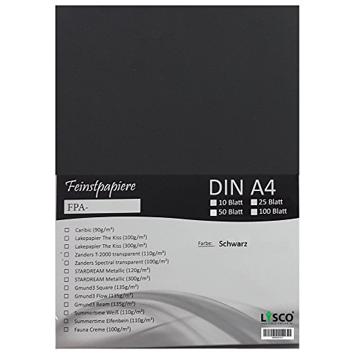 GMUND Transparentpapier DIN A4 Farbe Schwarz / LYSCO® Feinstpapierset mit 50 Blatt Inhalt (FPA-125) - bedruckbar, sehr gute Qualität, für Einladungen, als Einlegeblätter für Alben, Fotoalben, Fensterbilder, Bastelarbeiten uvm. von LYSCO