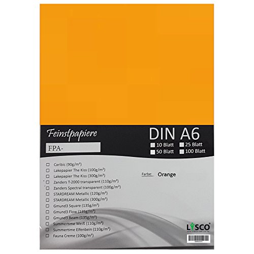 GMUND Transparentpapier DIN A6 Farbe Orange / LYSCO® Feinstpapierset mit 100 Blatt Inhalt (FPA-121) - bedruckbar, sehr gute Qualität, für Einladungen, als Einlegeblätter für Alben, Fotoalben, Fensterbilder, Bastelarbeiten uvm. von LYSCO