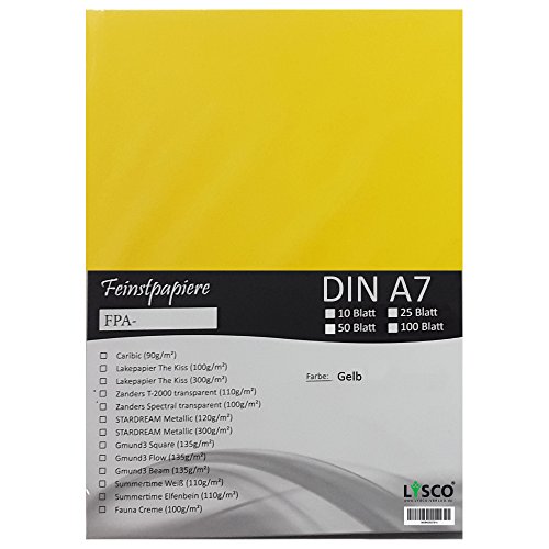 GMUND Transparentpapier DIN A7 Farbe Gelb / LYSCO® Feinstpapierset mit 100 Blatt Inhalt (FPA-120) - bedruckbar, sehr gute Qualität, für Einladungen, als Einlegeblätter für Alben, Fotoalben, Fensterbilder, Bastelarbeiten uvm. von LYSCO