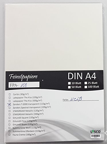 LYSCO® Feinstpapier-Set 50 Blatt DIN A4 Transparentpapier Zanders T2000 110g/m² exzellente Durchsicht, sehr gute Qualität, mögliche Verwendung: Einladungen, Visitenkarten, Einlegeblätter für Alben, Fotoalben, Fensterbilder, Bastelarbeiten und vieles mehr von LYSCO