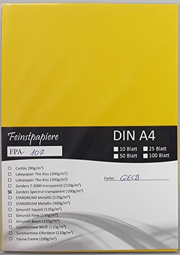 LYSCO® Feinstpapier-Set mit 100 Blatt DIN A4 Transparentpapier Zanders Spectral 100g/m² Farbe gelb transparent exzellente Durchsicht, sehr gute Qualität, mögliche Verwendung: Einladungen, Visitenkarten, Einlegeblätter für Alben, Fotoalben, Gutscheine, Fensterbilder, Bastelarbeiten und vieles mehr von LYSCO