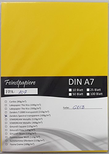 LYSCO® Feinstpapier-Set mit 100 Blatt DIN A7 Transparentpapier Zanders Spectral 100g/m² Farbe gelb transparent exzellente Durchsicht, sehr gute Qualität, mögliche Verwendung: Einladungen, Visitenkarten, Einlegeblätter für Alben, Fotoalben, Gutscheine, Fensterbilder, Bastelarbeiten und vieles mehr von LYSCO