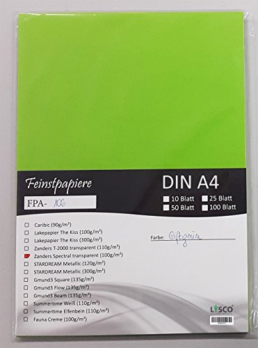 LYSCO® Feinstpapier-Set mit 25 Blatt DIN A4 Transparentpapier Zanders Spectral 100g/m² Farbe giftgrün transparent exzellente Durchsicht, sehr gute Qualität, mögliche Verwendung: Einladungen, Visitenkarten, Einlegeblätter für Alben, Fotoalben, Gutscheine, Fensterbilder, Bastelarbeiten und vieles mehr von LYSCO