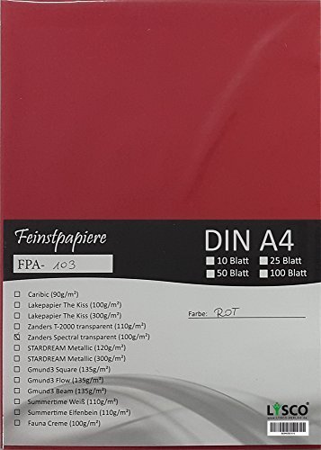 LYSCO® Feinstpapier-Set mit 25 Blatt DIN A4 Transparentpapier Zanders Spectral 100g/m² Farbe rot transparent exzellente Durchsicht, sehr gute Qualität, mögliche Verwendung: Einladungen, Visitenkarten, Einlegeblätter für Alben, Fotoalben, Gutscheine, Fensterbilder, Bastelarbeiten und vieles mehr von LYSCO