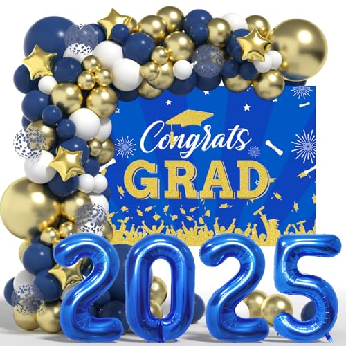 Graduation Decorations Class of 2025: Blue and Gold Graduation Balloons Arch Kit 2025 Grad Party Decorartion with Congrats Grade Backdrop Party Supplies for High School & College Celebrations von LYVEEF