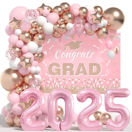 Graduation Decorations Class of 2025: Pink and Gold Graduation Balloons Arch Kit 2025 Grad Party Decorartion with Congrats Grade Backdrop Party Supplies for High School & College Celebrations von LYVEEF