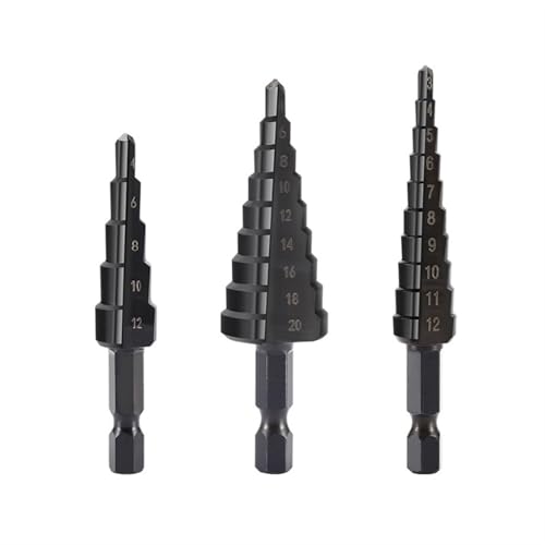 3-teiliges Stufenbohrer-Set aus Schnellarbeitsstahl for Holz, Bohrwerkzeuge for gerade Nutlöcher, Sechskantschaft, 3–12/4–12/4–20 mm(Black) von LYXDWRC