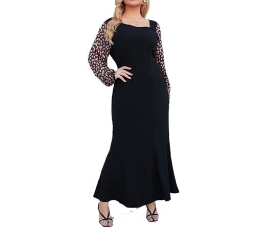 LYXLBX Damen Herbstkleider, lässig,langes Kleid mit Puffärmeln, quadratischer Ausschnitt, Netzstoff, Cocktailparty-Midikleider,Schwarz-3XL von LYXLBX