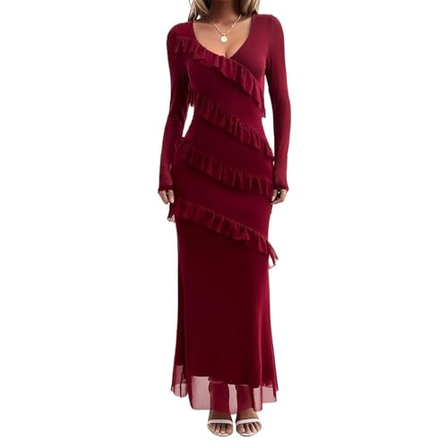 LYXLBX Langarmkleid für Damen,fließendes Kleid,figurbetont, Netzstoff, gerüscht, Cocktail-Maxikleider, langärmlig, figurbetont, Herbstkleider für Damen,Rot-L von LYXLBX