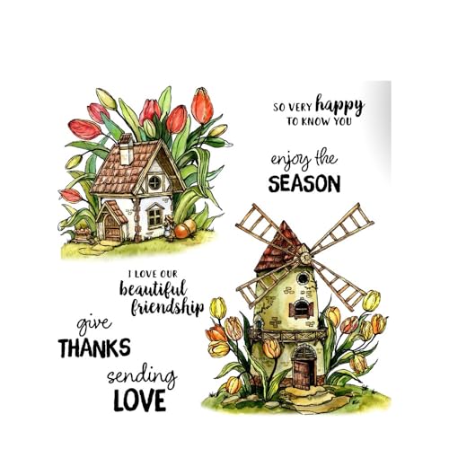 LZBRDY 2025 Windmühle Blumen Wörter Stempel & Stanzformen Set – DIY Kartenherstellung, Scrapbooking, Grußkarten, transparente Stempel und Metallschablonen zum Basteln von LZBRDY