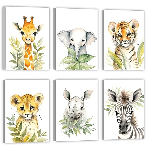 LZIMU Baby Safari Tiere Kinderzimmer Bild auf Leinwand 6 Stück süße Giraffe Elefant Tiger Leopard Nashorn Zebra Poster Leinwand Bild Kinderzimmer Dekoration (Gerahmt, 30.00x45.00cms x6) von LZIMU