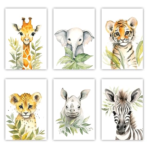 LZIMU Baby Safari Tiere Kinderzimmer Bild auf Leinwand 6 Stück süße Giraffe Elefant Tiger Leopard Nashorn Zebra Poster Leinwand Bild Kinderzimmer Dekoration (Kein Rahmen, 20.00x30.00cms x6) von LZIMU