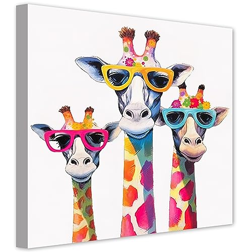 LZIMU Giraffen Familien bild auf Leinwand lustige Giraffe Mama Papa Baby Leinwandbild für Kinderzimmer Kinderzimmer moderne Wanddekoration Gerahmt (1, 40.00x40.00cms) von LZIMU