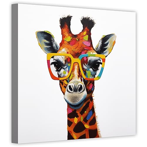 LZIMU Lustiges Giraffen bild auf Leinwand bunte Giraffe mit Brille Leinwandbild niedliche Tierbilder für Kinderzimmer Wanddekoration Gerahmt (3, 45.00x45.00cms) von LZIMU