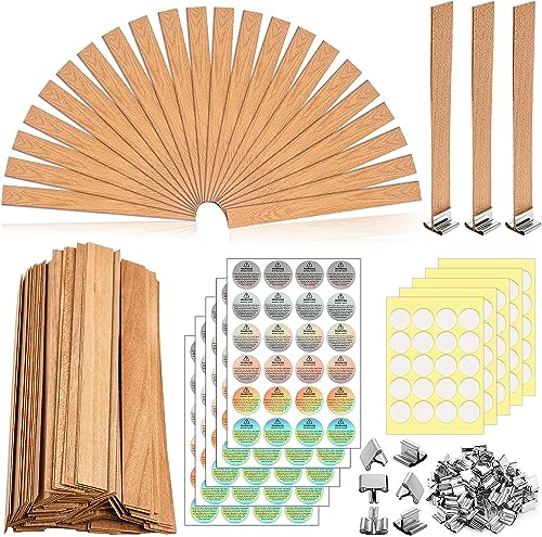 420 Stück Holzdochte für die Kerzenherstellung, mit 100 knisternden Holzkerzendochten und 100 Metallsockeln, 120 Warn-Etiketten, 100 Klebepunkte für Kerzenherstellungs-Set von LZMDISU