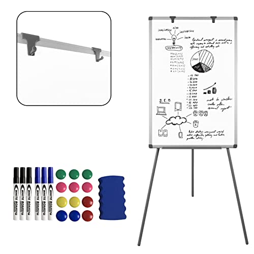 LZQ Whiteboard Magnetisch Flipchart Ständer, White Board mit Dreibein Ständer, Mobil Whiteboards Höhenverstellbares, mit 2 Flipchart Haken, 6 Whiteboard-Marker, 12 Magneten, 1 Radiergummi, Ablage von LZQ