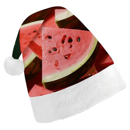 LZQPOEAS Weihnachtsmütze für Erwachsene, Plüsch, weiche Weihnachtsmütze, reife Wassermelonenscheiben, Samen, Weihnachtsmannmützen für Party, Urlaub von LZQPOEAS