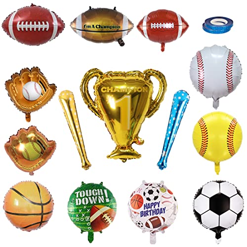 13PCS Sport Folienballon Set, Baseball Fußball Basketball Rugby Handschuh Mylar Aluminium Folienballons, Luftballons mit Sportmotiven Dekorationszubehör für Geburtstagsfeier Ball Fans Club Bars von LZYMSZ