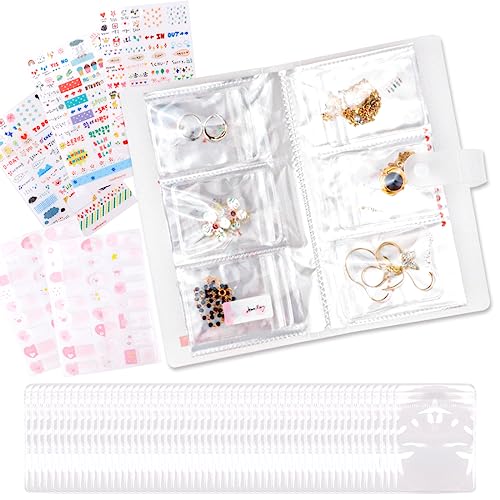 LZYMSZ Transparentes Schmuck-Aufbewahrungsbuch, 84 Kartenschlitze Schmuck-Organisationsbuch mit 50 Ziplock-Beuteln und DIY-Aufklebern, PVC Anti-Oxidations-Schmuck-Display-Album für Ringe, Halsketten von LZYMSZ