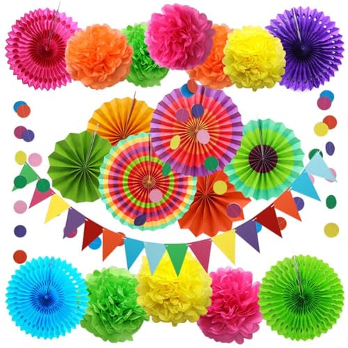 Fiesta-Party-Dekorationen – bunte Papierfächer zum Aufhängen, Regenbogen-Wimpelkette, Papier-Poms, Papier-Pompons, Fiesta und Pom von LZYWOD