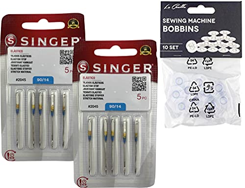 Packung mit 10 Nähmaschinennadeln für Singer 2045 Stärke 90/14 für elastische Jersey- und Strickwaren (SUK) 130/705 H-S (Flachabschnitt auf einer Seite) Universal + 10 transparente Spulen von La Canilla