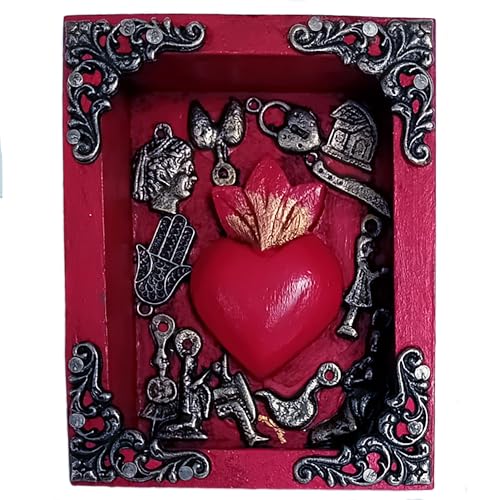 La Csa di Frida - Nicho mit Heiligem Herz und Milagros, mexikanische Handwerkskunst aus Holz, 10 x 8 x 3 cm, (Rot) von La Casa di Frida