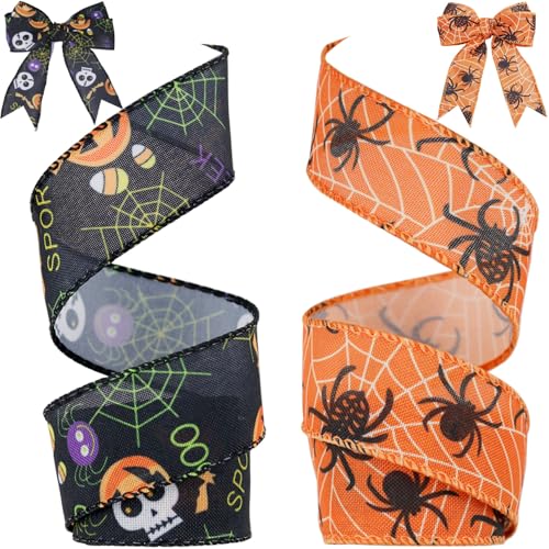 2 Rollen 12 Yards Halloween Drahtkante Band Schädel Kürbis Bänder Halloween dekoratives Spinnennetz bedrucktes Geschenkband für Halloween Party Zuhause Kranz DIY Handwerk Blumen Schleife von La Jolie Jasmin