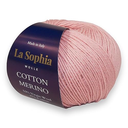 La Sophia Wolle | Baumwolle mit Merino Mischung | 50g Wolle zum Stricken oder Häkeln | Farbe CM0012-Naturweiß (CM0001 Rosa) von La Sophia WOLLE