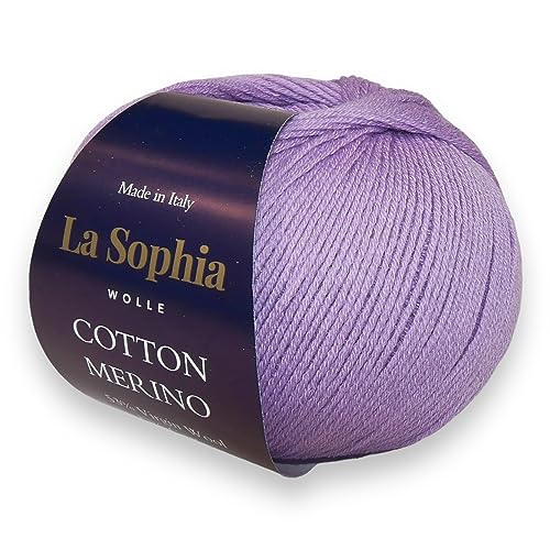 La Sophia Wolle | Baumwolle mit Merino Mischung | 50g Wolle zum Stricken oder Häkeln | Farbe CM0012-Naturweiß (CM0003 Violett) von La Sophia WOLLE