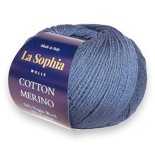 La Sophia Wolle | Baumwolle mit Merino Mischung | 50g Wolle zum Stricken oder Häkeln | Farbe CM0012-Naturweiß (CM0005 Graublau) von La Sophia WOLLE