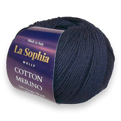 La Sophia Wolle | Baumwolle mit Merino Mischung | 50g Wolle zum Stricken oder Häkeln | Farbe CM0012-Naturweiß (CM0006 Dunkelblau) von La Sophia WOLLE