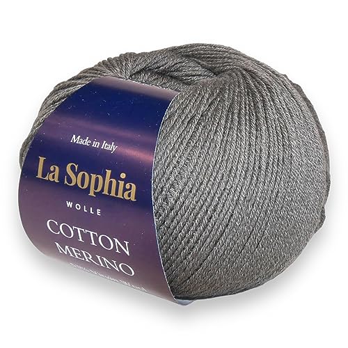 La Sophia Wolle | Baumwolle mit Merino Mischung | 50g Wolle zum Stricken oder Häkeln | Farbe CM0012-Naturweiß (CM0007 Mittelgrau) von La Sophia WOLLE