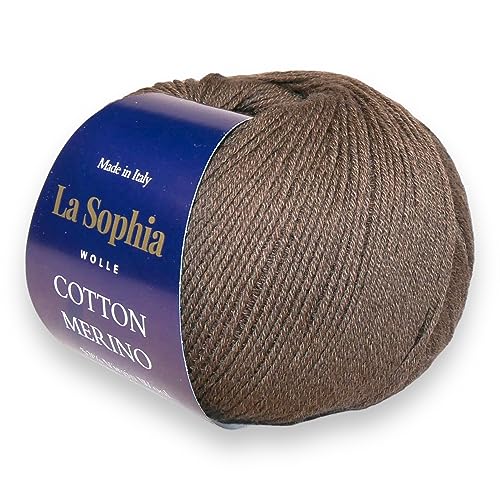 La Sophia Wolle | Baumwolle mit Merino Mischung | 50g Wolle zum Stricken oder Häkeln | Farbe CM0012-Naturweiß (CM0009 Dunkelbraun) von La Sophia WOLLE