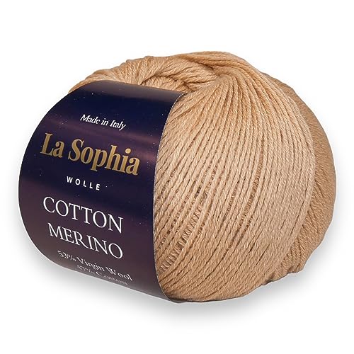 La Sophia Wolle | Baumwolle mit Merino Mischung | 50g Wolle zum Stricken oder Häkeln | Farbe CM0012-Naturweiß (CM0010 Kamelbeige) von La Sophia WOLLE