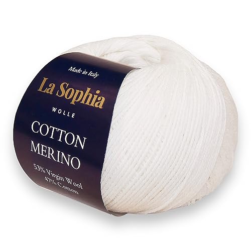 La Sophia Wolle | Baumwolle mit Merino Mischung | 50g Wolle zum Stricken oder Häkeln | Farbe CM0012-Naturweiß (CM0011 Weiß) von La Sophia WOLLE