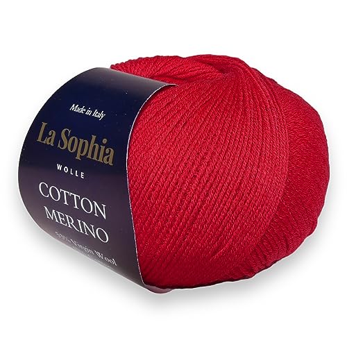 La Sophia Wolle | Baumwolle mit Merino Mischung | 50g Wolle zum Stricken oder Häkeln | Farbe CM0012-Naturweiß (CM0016 Rot) von La Sophia WOLLE