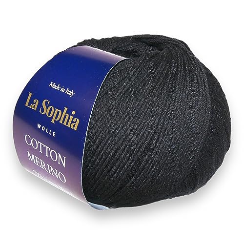 La Sophia Wolle | Baumwolle mit Merino Mischung | 50g Wolle zum Stricken oder Häkeln | Farbe CM0012-Naturweiß (CM0017 Schwarz) von La Sophia WOLLE