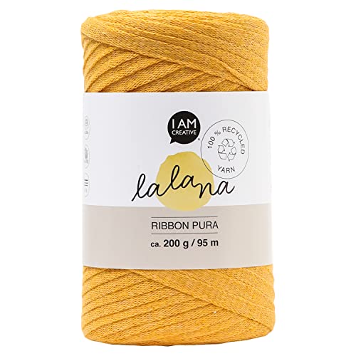 Lalana | Ribbon Pura mustard | Garn für kreative Projekte | Bandgarn | Ideal zum Häkeln & Stricken & Knüpfen | Makramee DIY | 100% recycled | Senfgelb | ca. 8 mm | 95 m | 200 g von LaLaNa