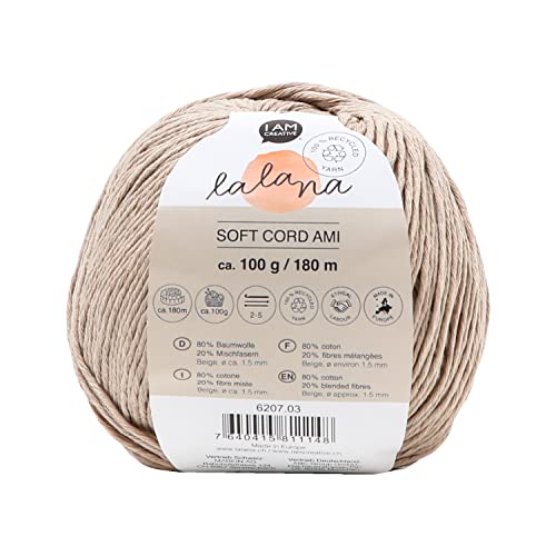 Lalana | Soft Cord Ami beige | Standard Garn | Garn für kreative Projekte | Häkeln & Stricken & Knüpfen | 100% recycled | Beige | 1.5 mm | 180 m | 100 g von LaLaNa