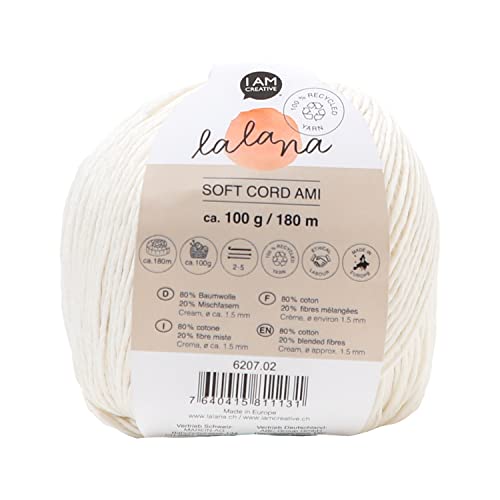 Lalana | Soft Cord Ami cream | Standard Garn | Garn für kreative Projekte | Häkeln & Stricken & Knüpfen | 100% recycled | Cremefarben | 1.5 mm | 180 m | 100 g von LaLaNa