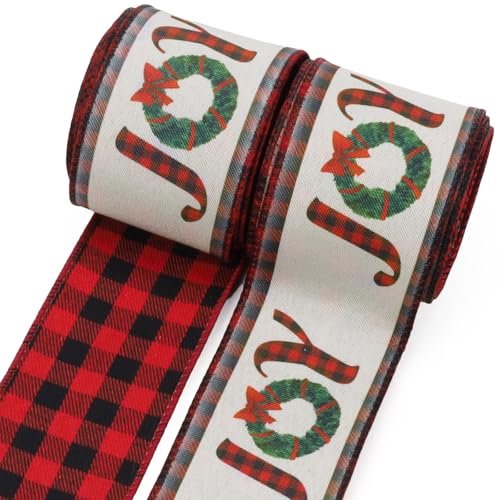 LaRibbons Band mit Drahtrand, 6,4 cm, 9,1 m, 2 Rollen (4,5 m / Rolle), wendbares Juteband für Weihnachtsbaumdekoration, Kranz, Geschenkverpackung, Joy Buffalo von LaRibbons