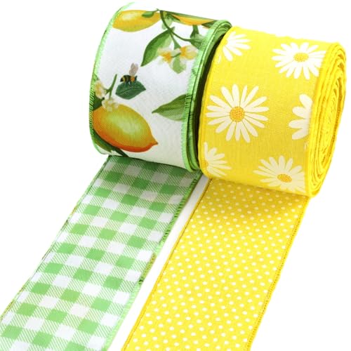 LaRibbons Doppelseitiges Band mit Drahtrand, 6,3 cm, Frühlings- und Sommer-Blumenband für Bastelarbeiten, Wickelkranz, Schleife, DIY, Dekoration, 6,3 cm x 6 m, 2 Rollen von LaRibbons