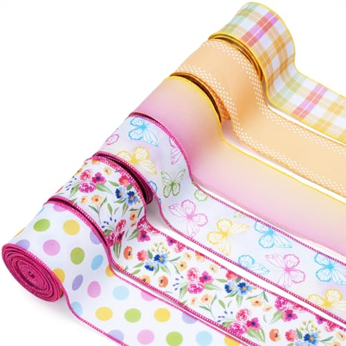 LaRibbons Florales Band mit Draht, 6 Rollen, 6,3 cm x 36 m, Pastellblumen-Schmetterlingsband mit gestreiftem und gepunktetem Druck für Frühling, einfachere Sommer-Handwerk, Wickelkranz, Schleife, von LaRibbons