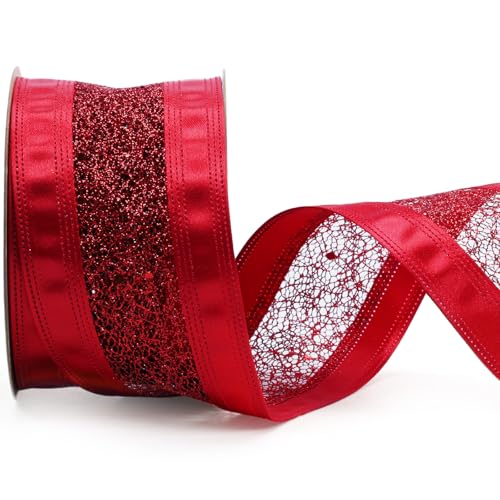 LaRibbons Glitzerndes Drahtband, 6,3 cm breit, 9,1 m, rotes Netzband, Satinband für Weihnachtsbaumgirlande, Kranzschleife, Basteln, Geschenkverpackungen, Heimdekoration von LaRibbons