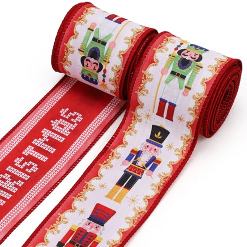 LaRibbons Juteband mit Drahtrand, 6,4 cm, 9,1 m, 2 Rollen (4,5 m / Rolle), wendbar, für Weihnachtsbaumdekoration, Kranz, Geschenkverpackung, Nussknacker-Rot von LaRibbons