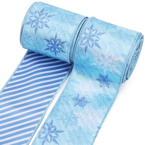 LaRibbons Juteband mit Drahtrand, 6,4 cm, 9,1 m, 2 Rollen (4,5 m / Rolle), wendbar, für Weihnachtsbaumdekoration, Kranz, Geschenkverpackung, Schneeflocken, Blau von LaRibbons