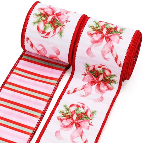 LaRibbons Juteband mit Drahtrand, 6,4 cm, 9,1 m, 2 Rollen (4,5 m / Rolle), wendbares Juteband für Weihnachtsbaumdekoration, Kranz, Geschenkverpackung, Zuckerstangen-Streifen von LaRibbons