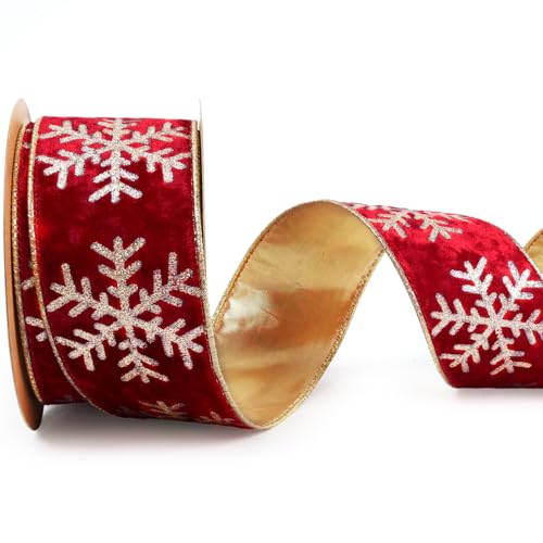 LaRibbons Rotes und goldenes Samtband mit Draht, 9,1 m breit, 6,3 cm breit, doppelseitiges Schneeflocken-Glitzer-Samtband für Weihnachtsbaum, Geschenkverpackung, Kranzschleife, Outdoor-Dekoration von LaRibbons