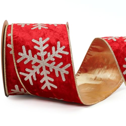 LaRibbons Rotes und goldenes Samtband mit Draht, 9,1 m breit, doppelseitiges Schneeflocken-Glitzer-Samtband für Weihnachtsbaum, Geschenkverpackung, Kranzschleife, Outdoor-Dekoration von LaRibbons